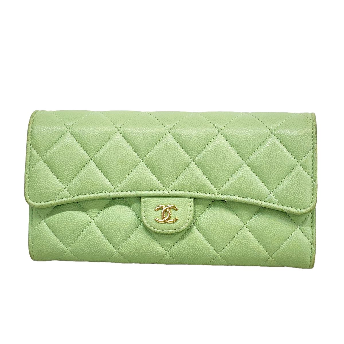 Chanel Wallet Quilted Caviar Leather Green Champagne Gold