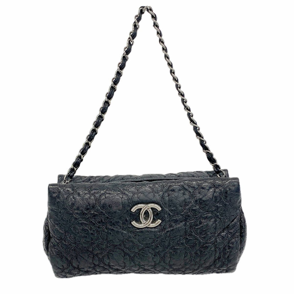 Chanel Shoulder Bag Camellia Leather Black Silver
