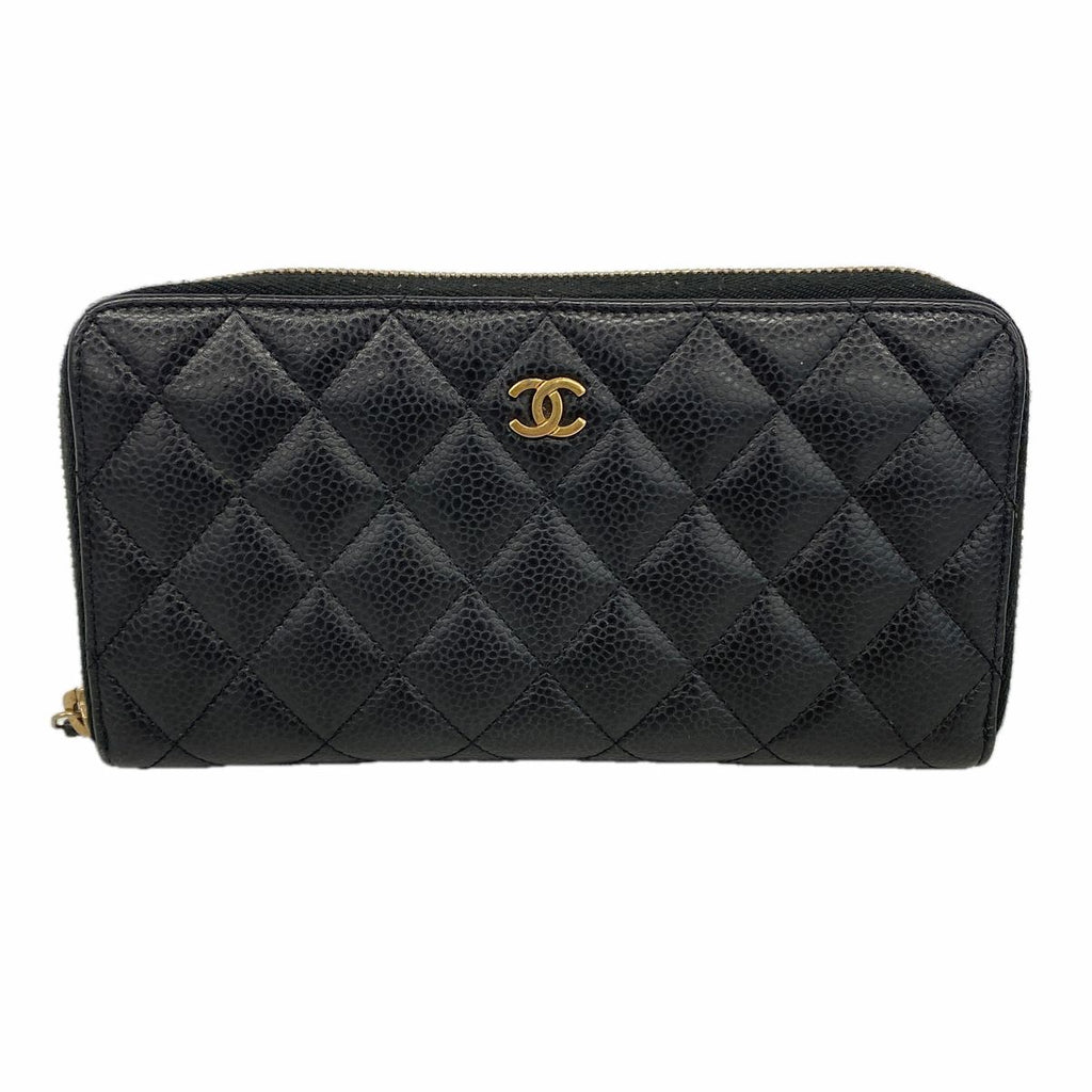 Chanel Wallet Quilted Caviar Leather Black Gold