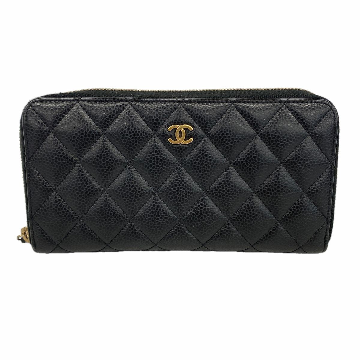 Chanel Wallet Quilted Caviar Leather Black Gold
