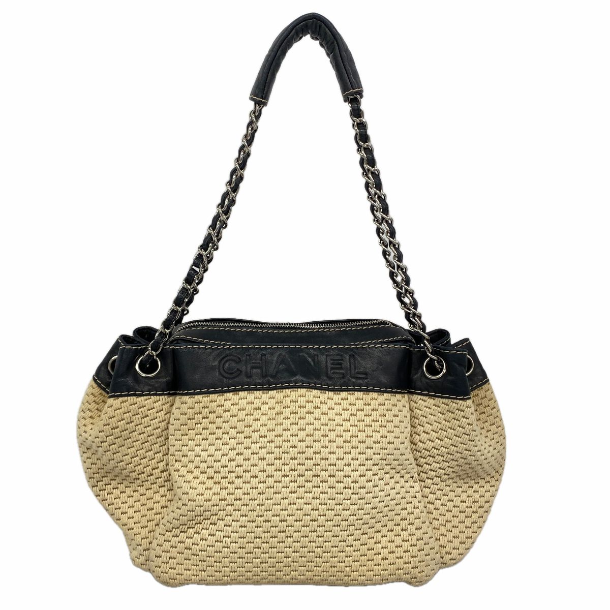 Chanel Shoulder Bag Canvas Beige Black Silver
