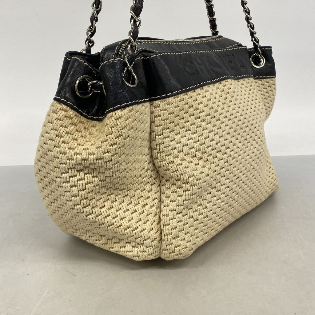 Chanel Shoulder Bag Canvas Beige Black Silver — view 2