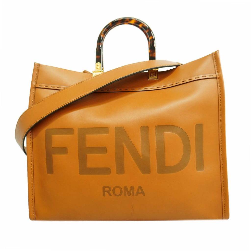 Fendi Tote Bag Sunshine Leather Brown Gold 2-Way