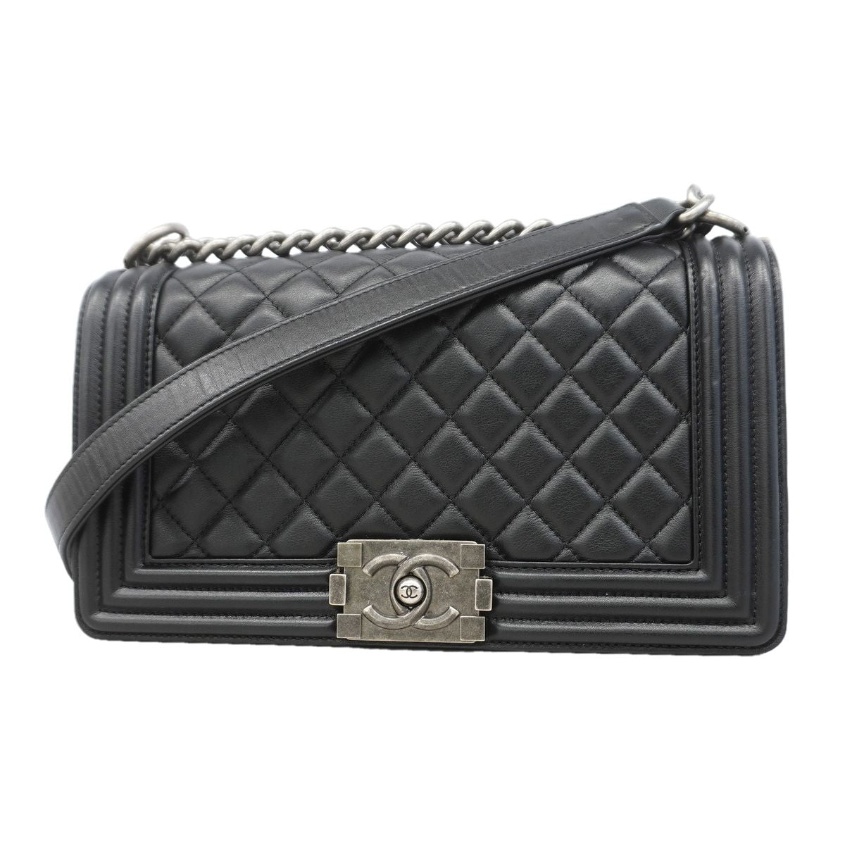 Chanel Shoulder Bag Boy Lambskin Black Silver