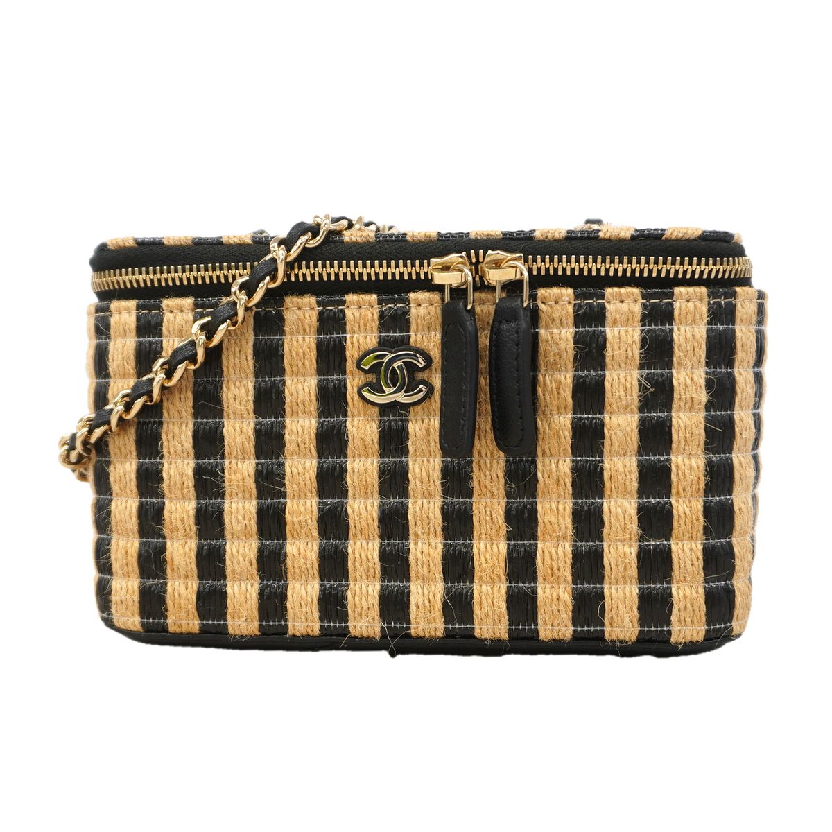 Chanel Vanity Bag Raffia Beige Black Champagne Gold