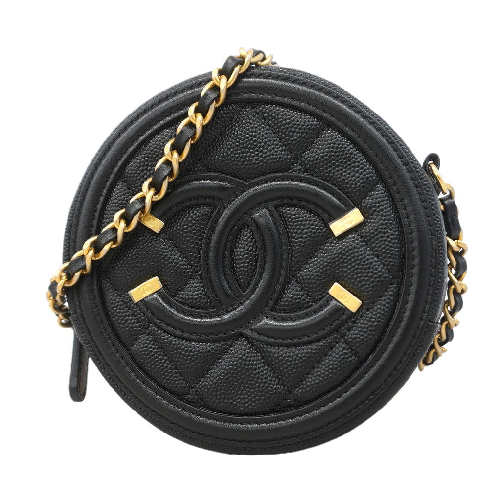 Chanel Shoulder Bag Quilted CC Filigree Caviar Leather Black Gold
