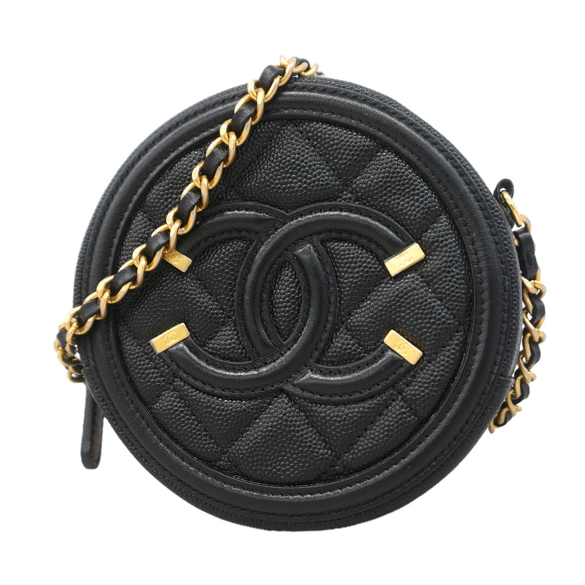 Chanel Shoulder Bag Quilted CC Filigree Caviar Leather Black Gold