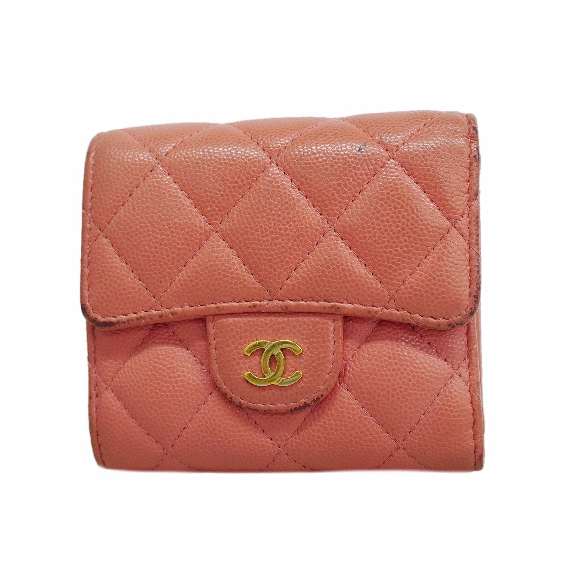 Chanel Trifold Wallet Quilted Caviar Leather Pink Gold