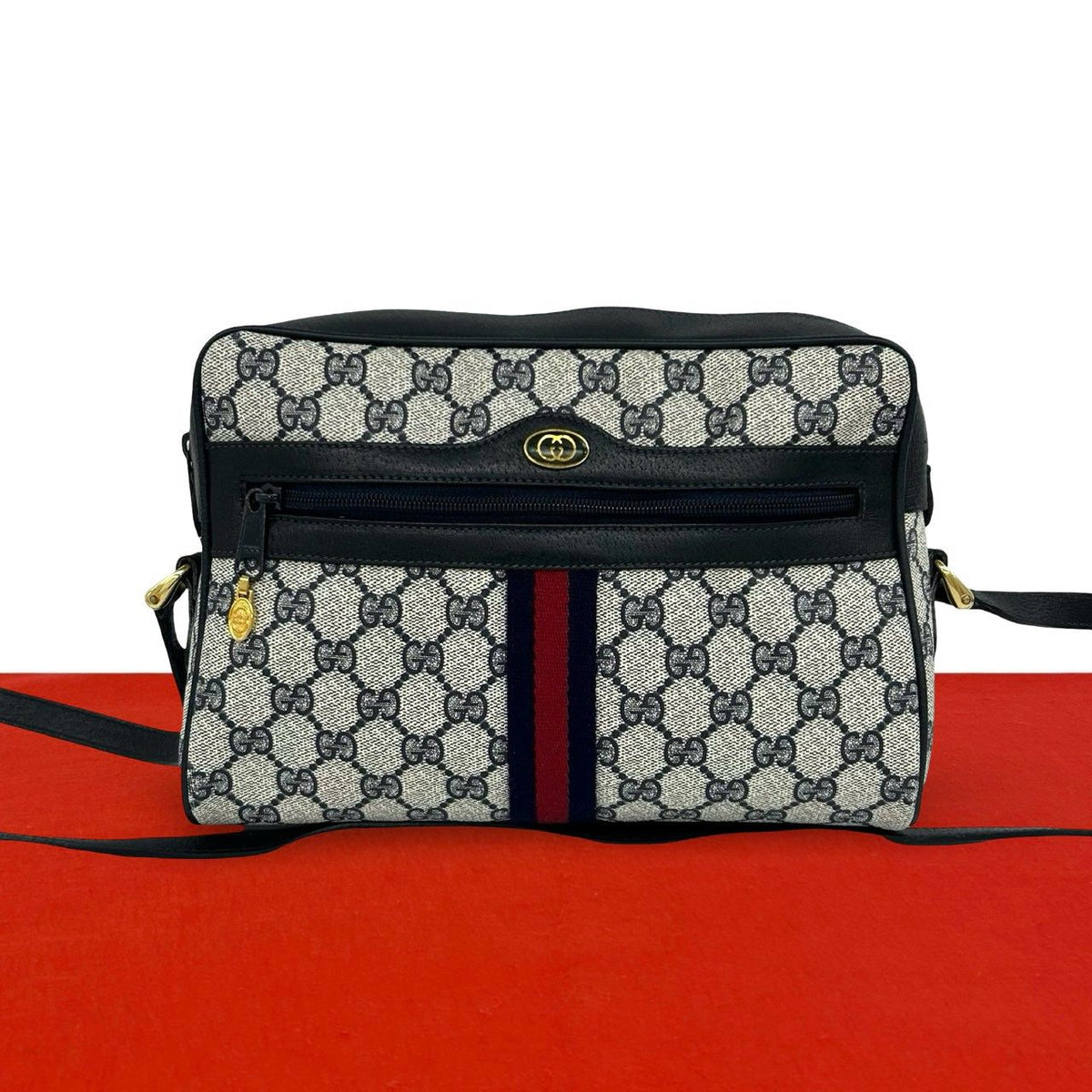 Gucci Sherry Line GG Pattern Leather Shoulder Bag Pochette Cross Navy Red