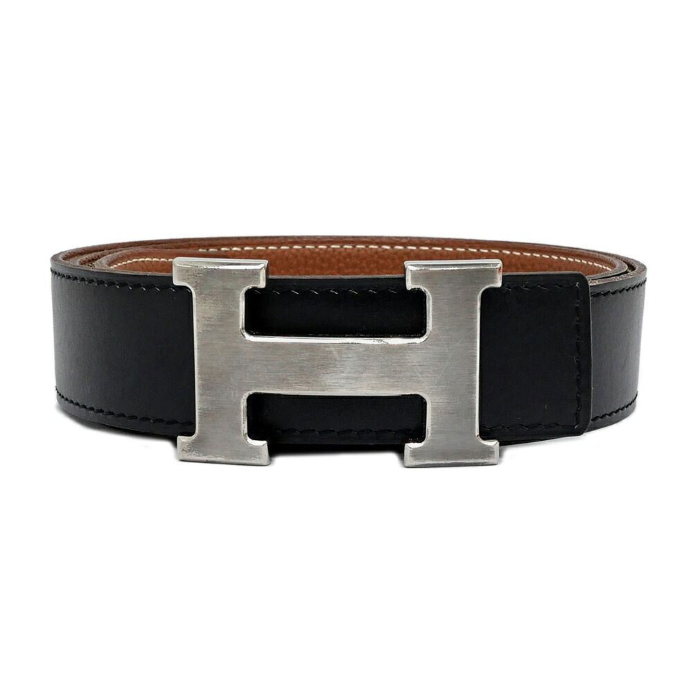 Hermes Belt Buckle Constance & Leather 85 H Silver Satin Black Gold
