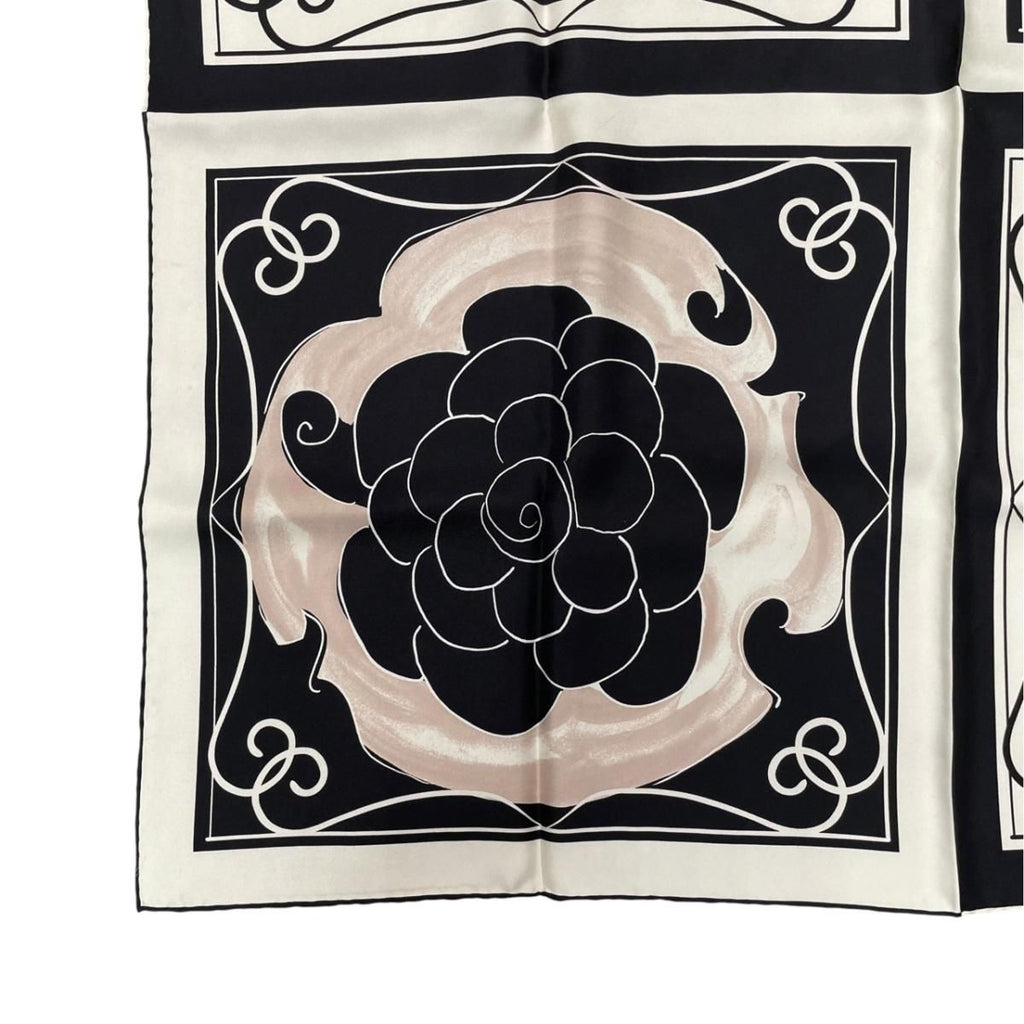 Chanel Scarf CC Logo Camellia Square Silk Black White — view 5