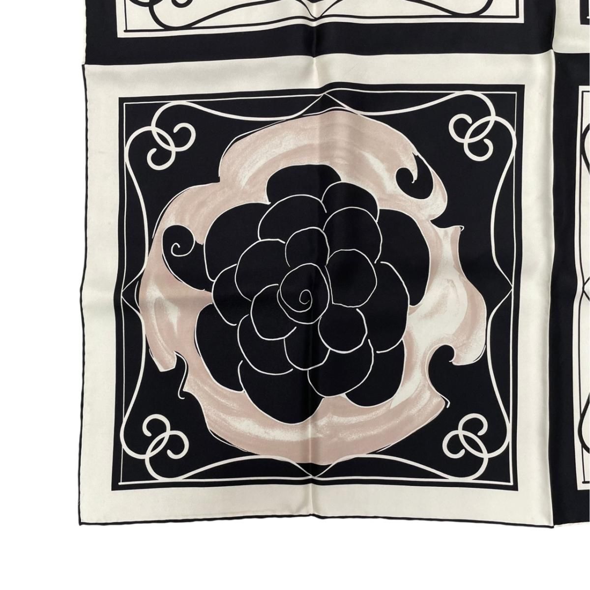 Chanel Scarf CC Logo Camellia Square Silk Black White — view 5