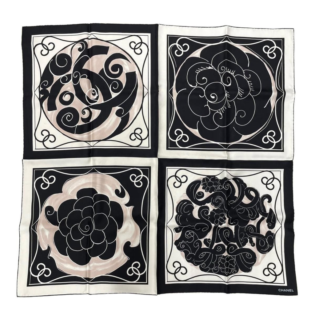 Chanel Scarf CC Logo Camellia Square Silk Black White