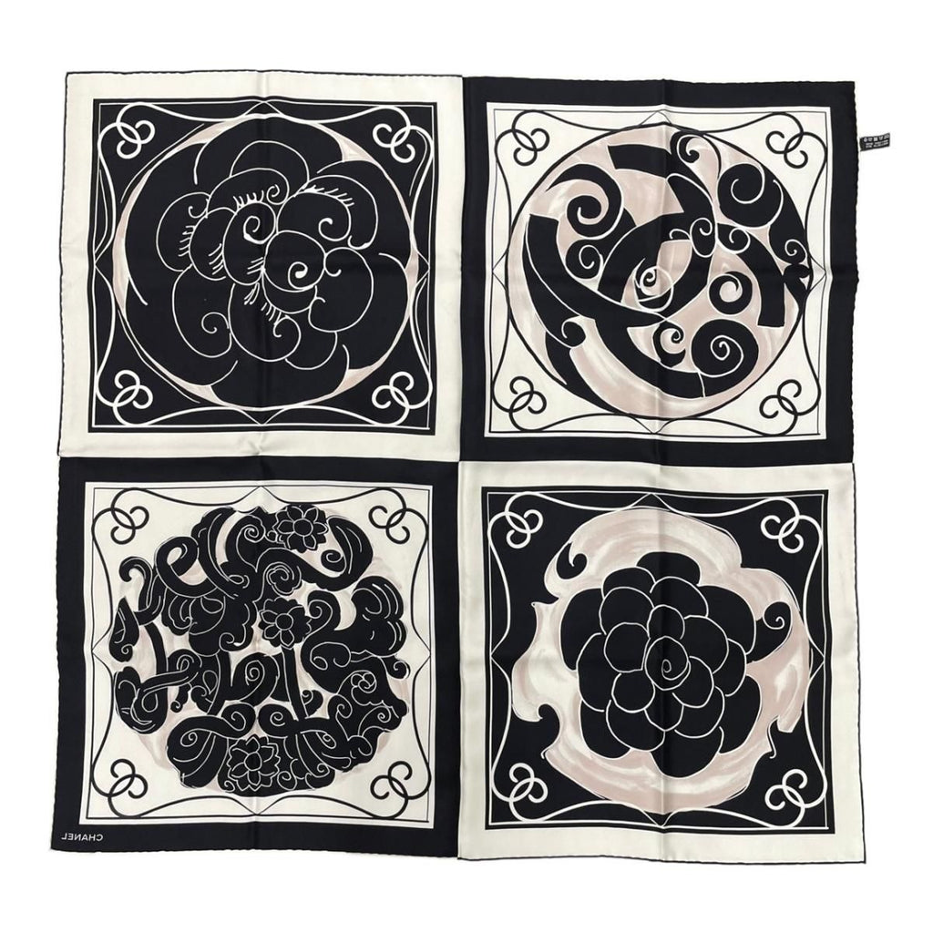 Chanel Scarf CC Logo Camellia Square Silk Black White — view 2