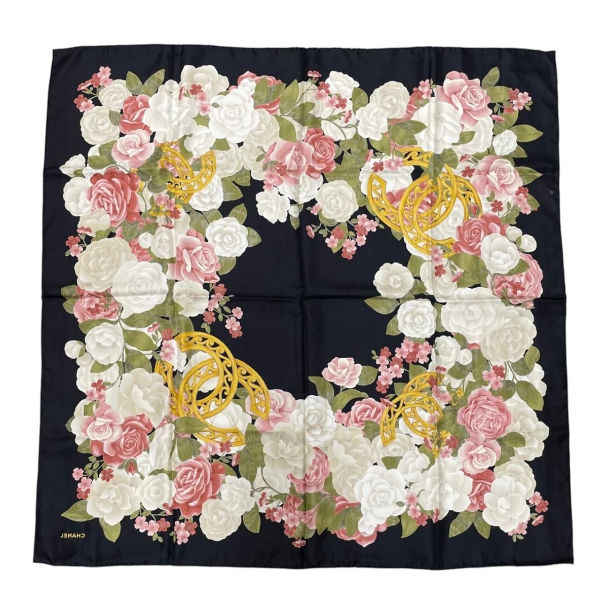Chanel Scarf Large Camellia CC Logo CC Mark Rose Flower Silk Black — view 2