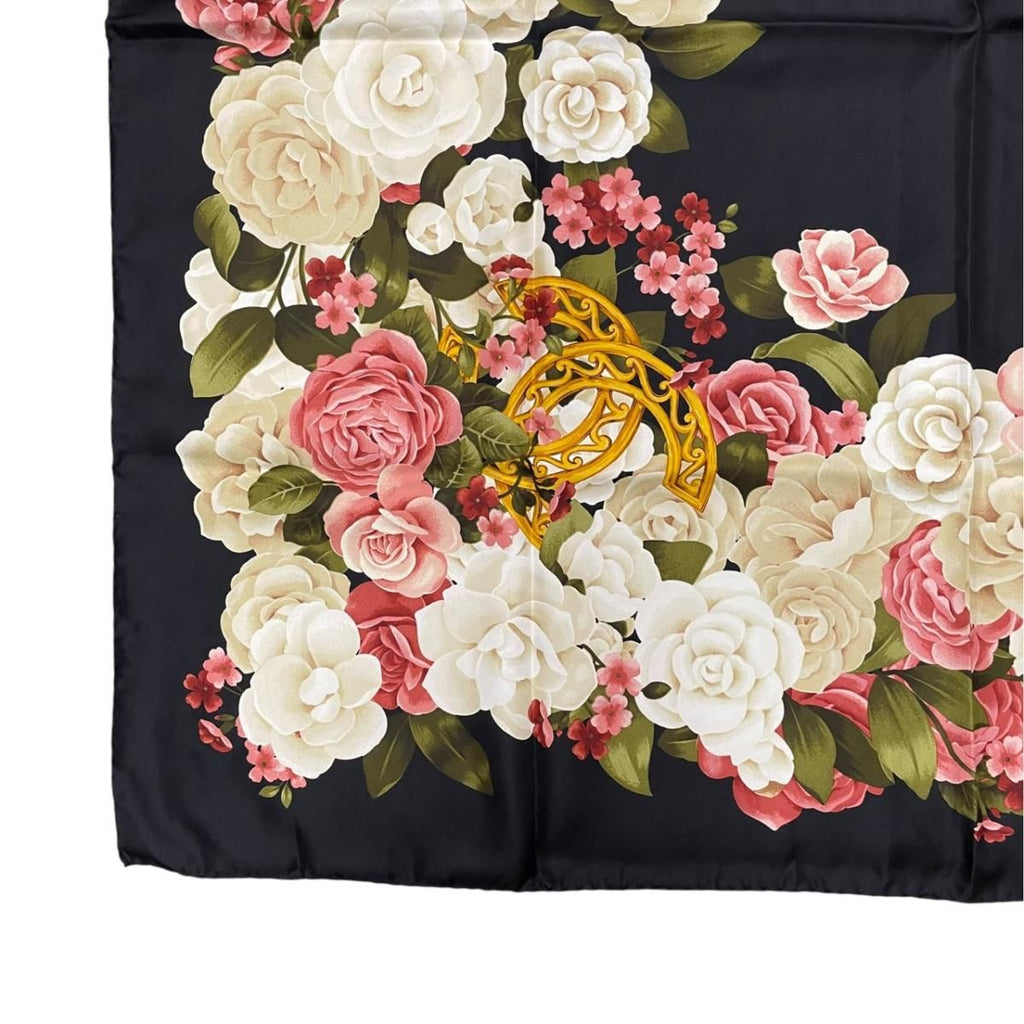 Chanel Scarf Large Camellia CC Logo CC Mark Rose Flower Silk Black — view 5