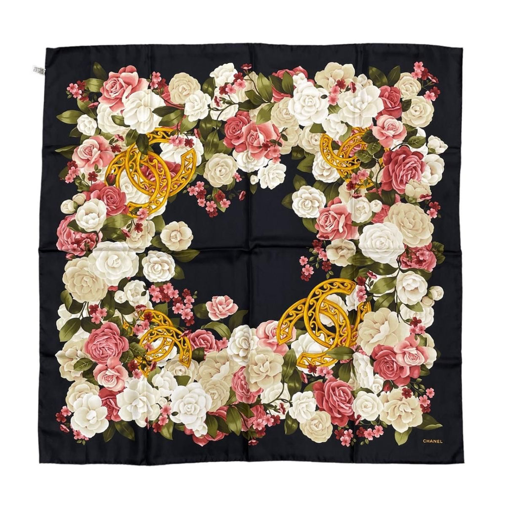 Chanel Scarf Large Camellia CC Logo CC Mark Rose Flower Silk Black