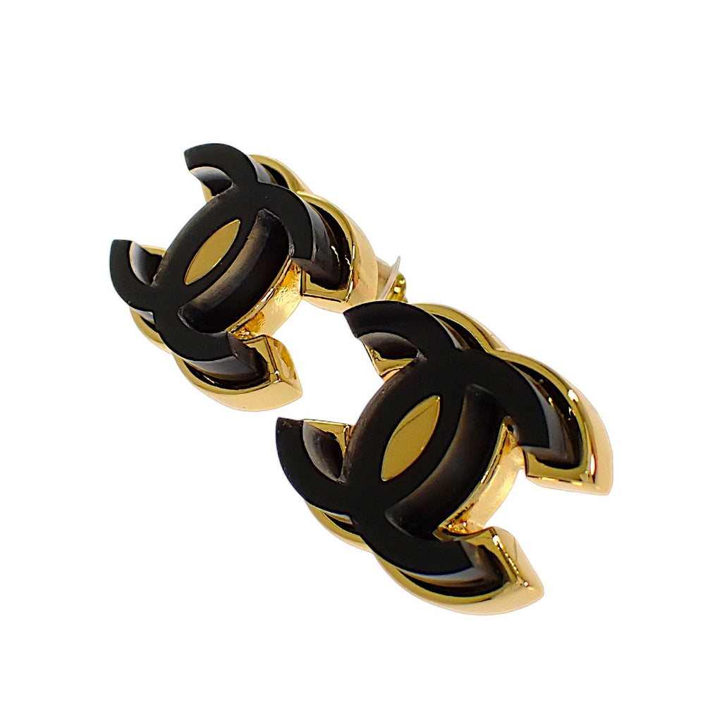 Chanel CC Logo Earrings Metal Black Gold — view 3