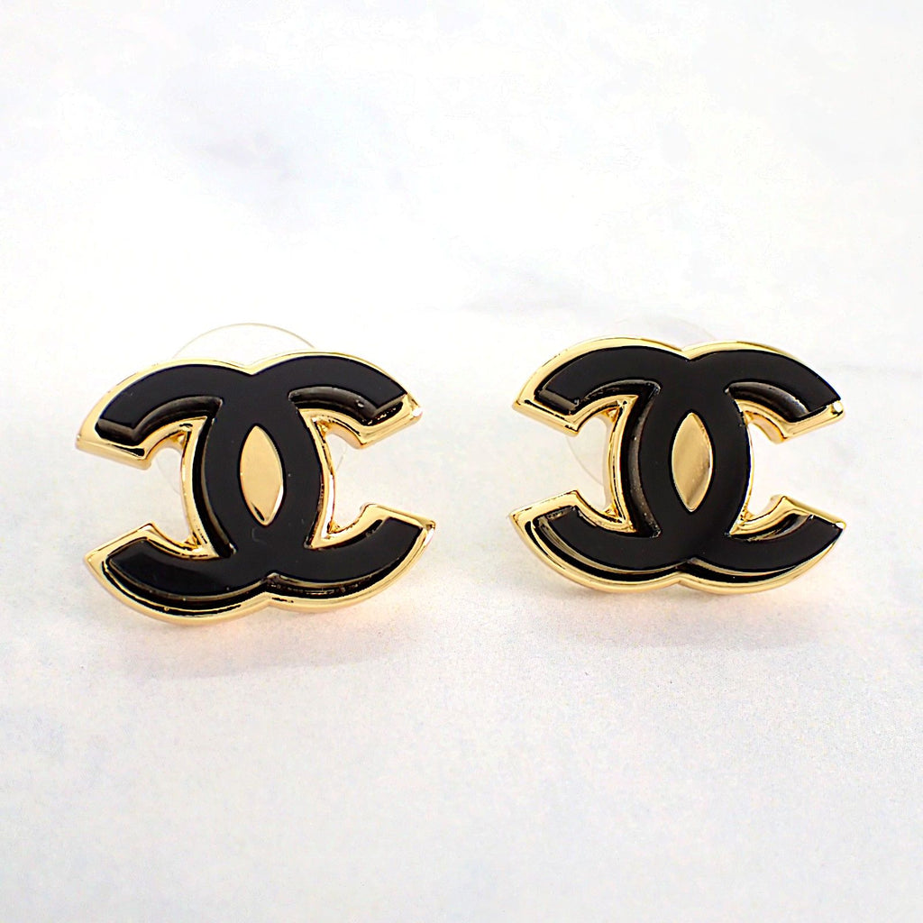 Chanel CC Logo Earrings Metal Black Gold