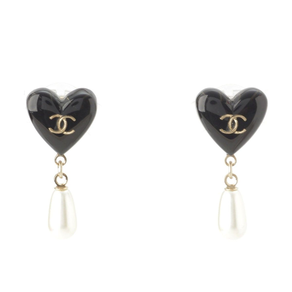 Chanel CC Logo Heart Pearl Earrings Black