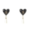 Chanel CC Logo Heart Pearl Earrings Black