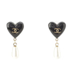 Chanel CC Logo Heart Pearl Earrings Black