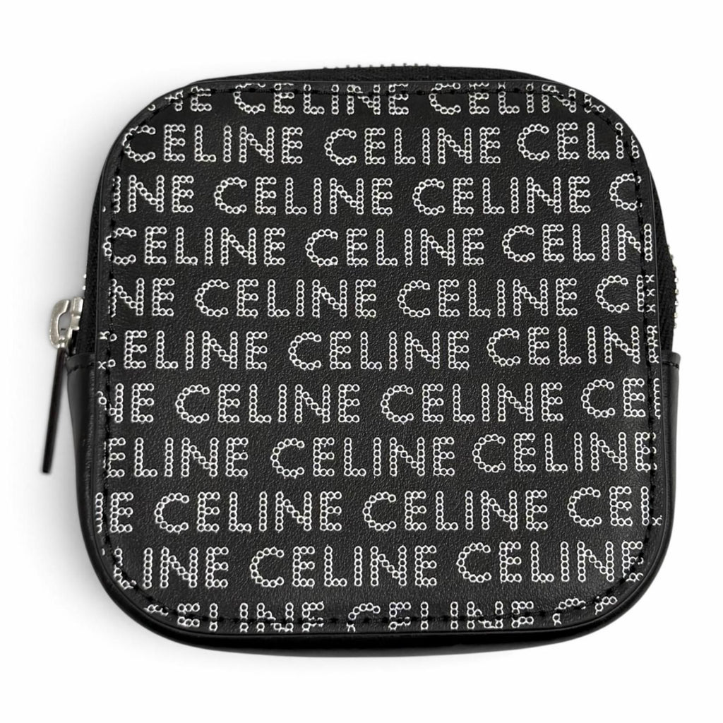 Celine Logo All Over Print Square Purse Leather Coin Black Silver