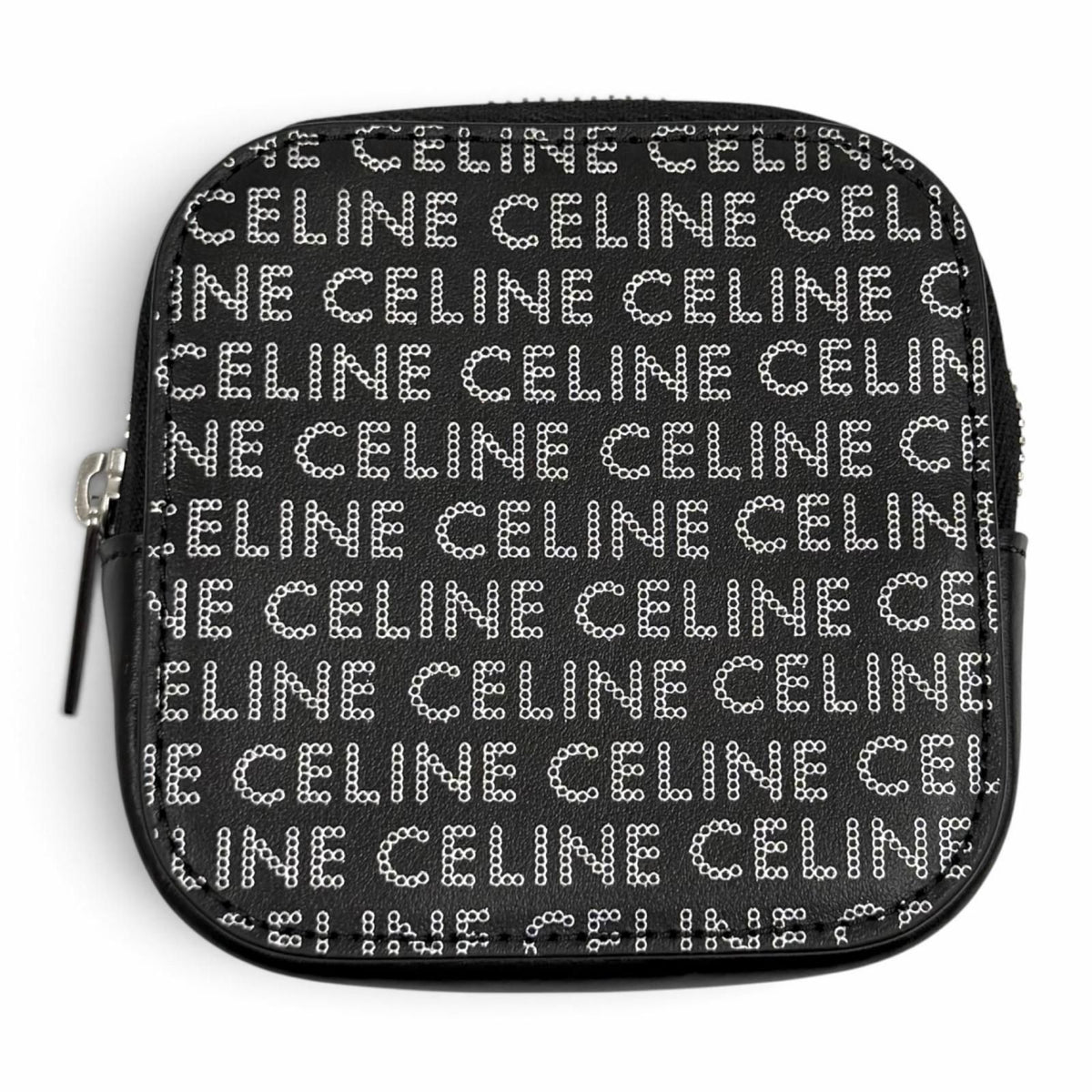 Celine Logo All Over Print Square Purse Leather Coin Black Silver