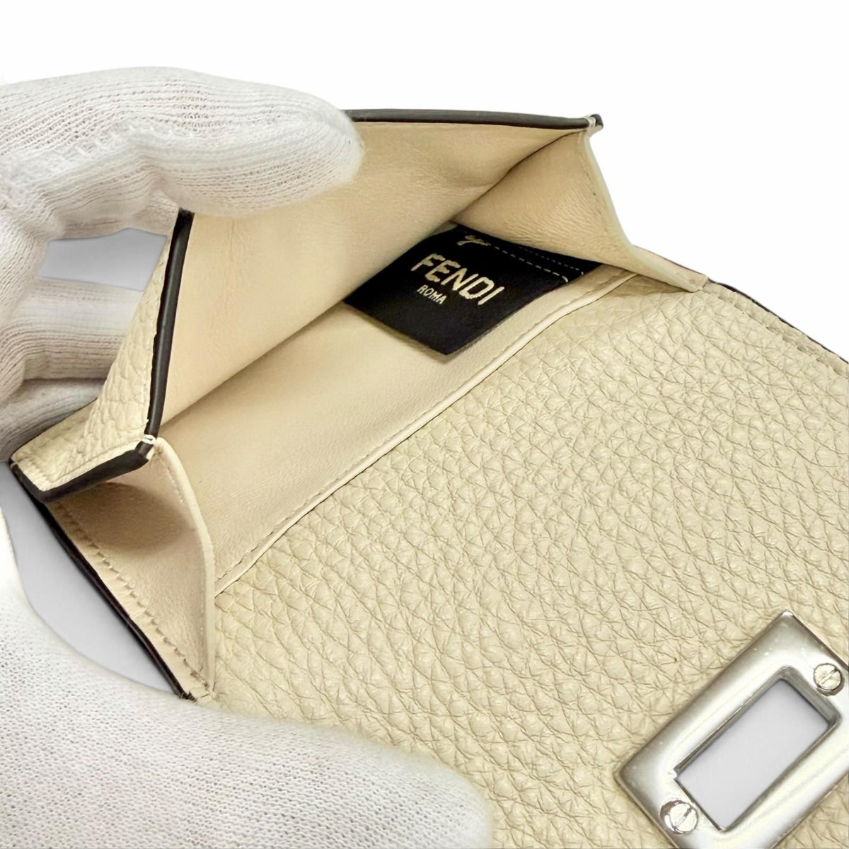 Fendi Selleria Leather Compact Wallet Trifold Ivory Silver — view 7