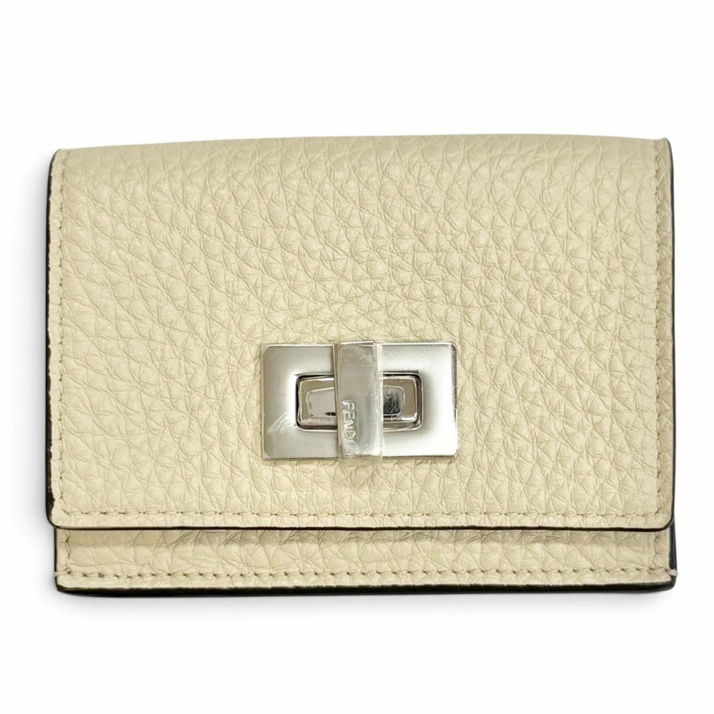 Fendi Selleria Leather Compact Wallet Trifold Ivory Silver