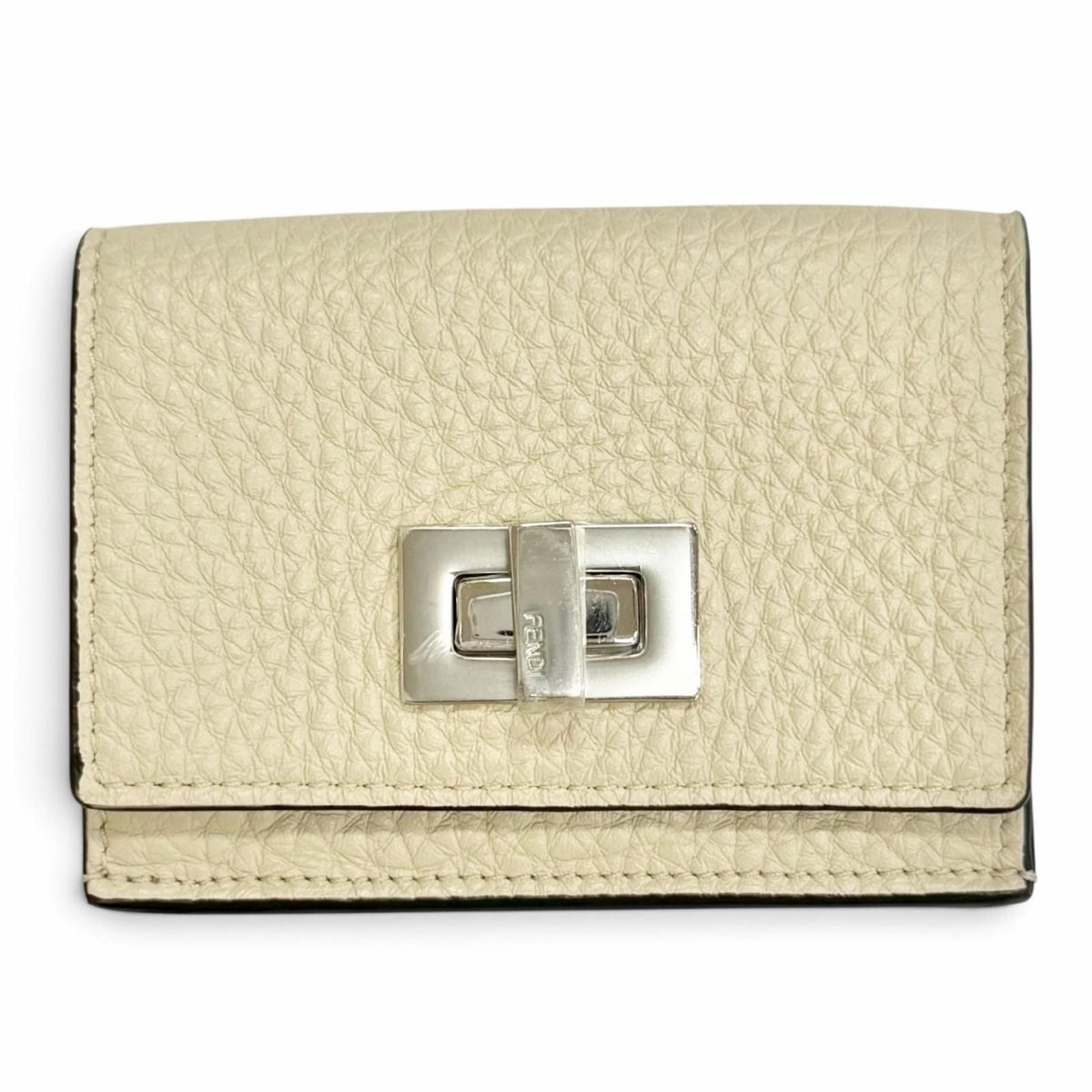 Fendi Selleria Leather Compact Wallet Trifold Ivory Silver
