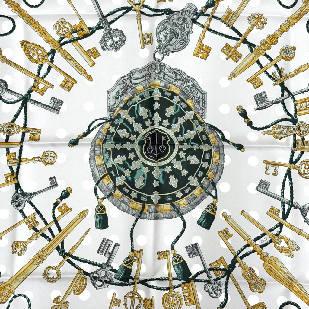 Hermes les Cles Silk 100% Vert Sapin Gray Perlee Vieille Carre 90 Double Face — view 7
