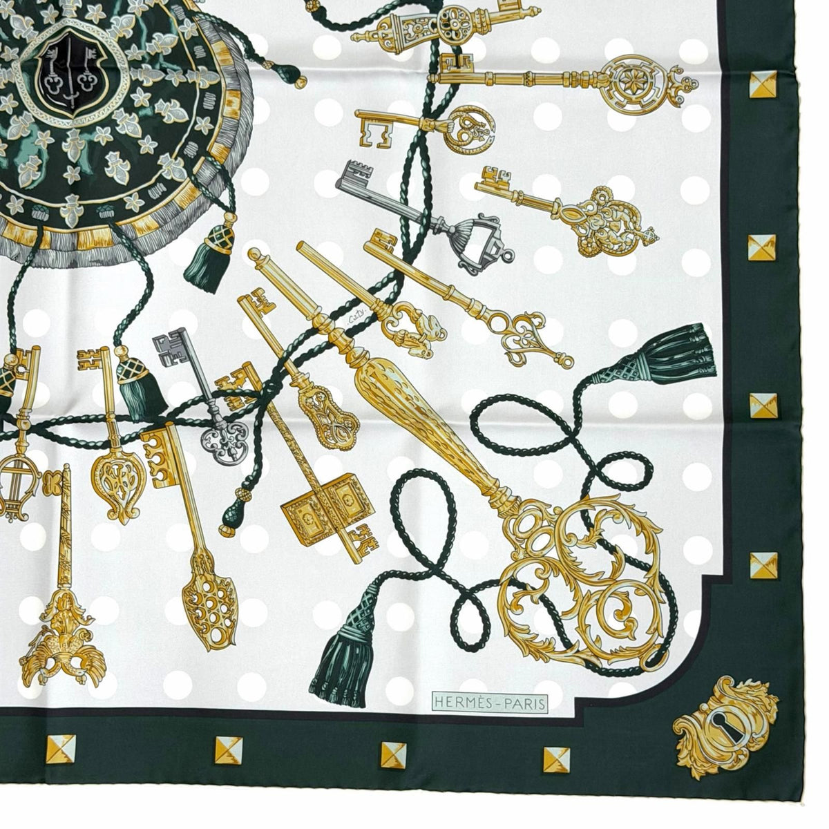 Hermes les Cles Silk 100% Vert Sapin Gray Perlee Vieille Carre 90 Double Face — view 5