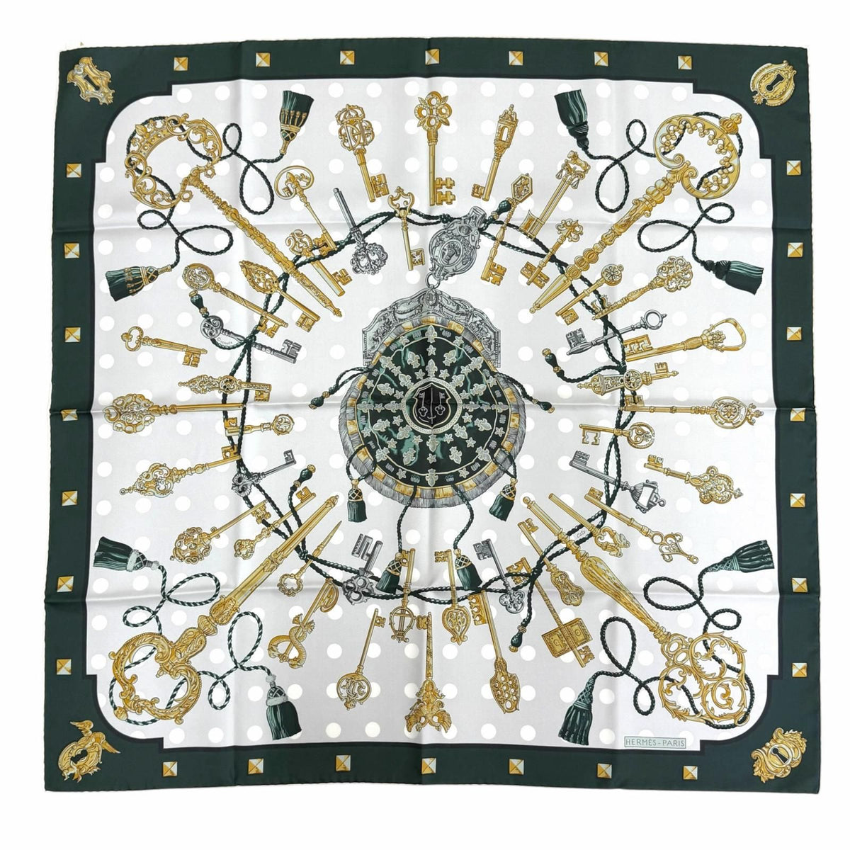 Hermes les Cles Silk 100% Vert Sapin Gray Perlee Vieille Carre 90 Double Face