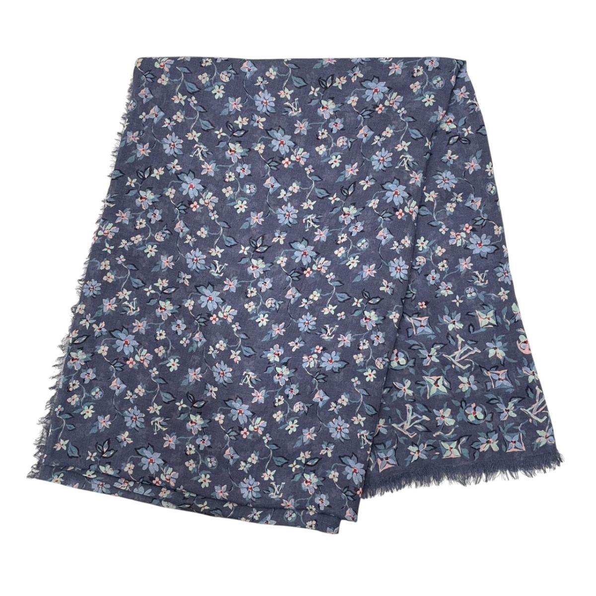 Louis Vuitton Scarf Large Flower Floral Pattern LV Logo Navy Silk Wool — view 2
