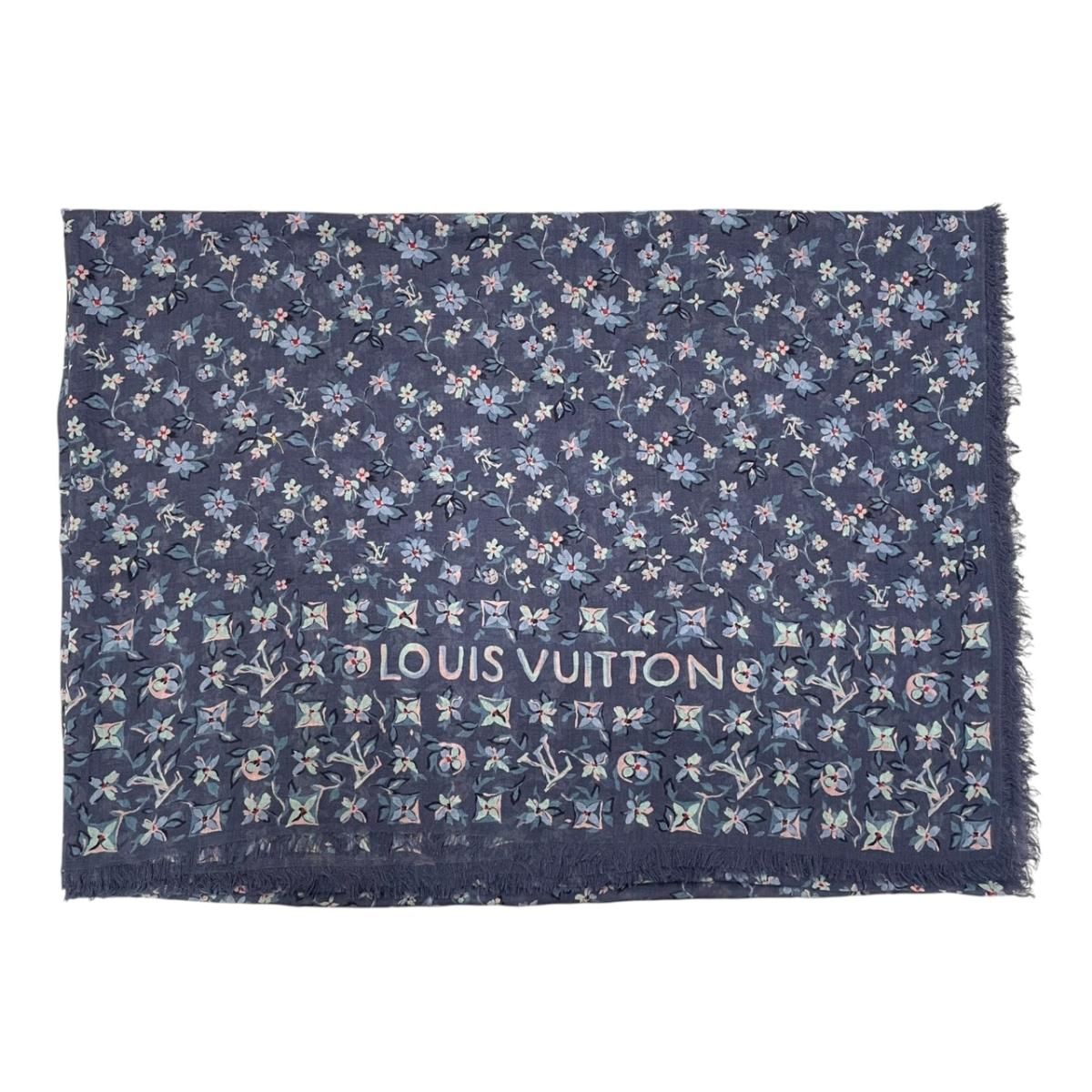 Louis Vuitton Scarf Large Flower Floral Pattern LV Logo Navy Silk Wool — view 3