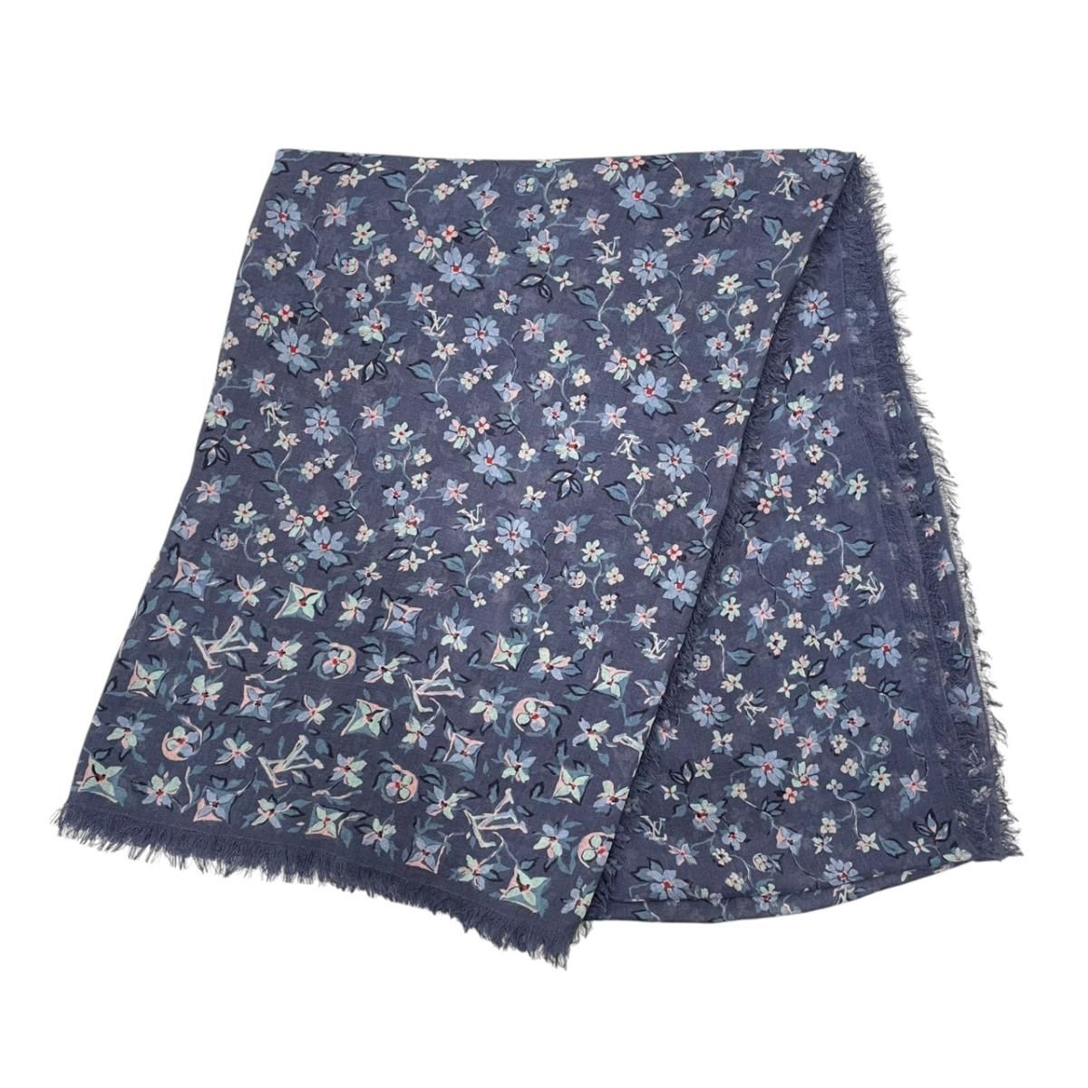 Louis Vuitton Scarf Large Flower Floral Pattern LV Logo Navy Silk Wool