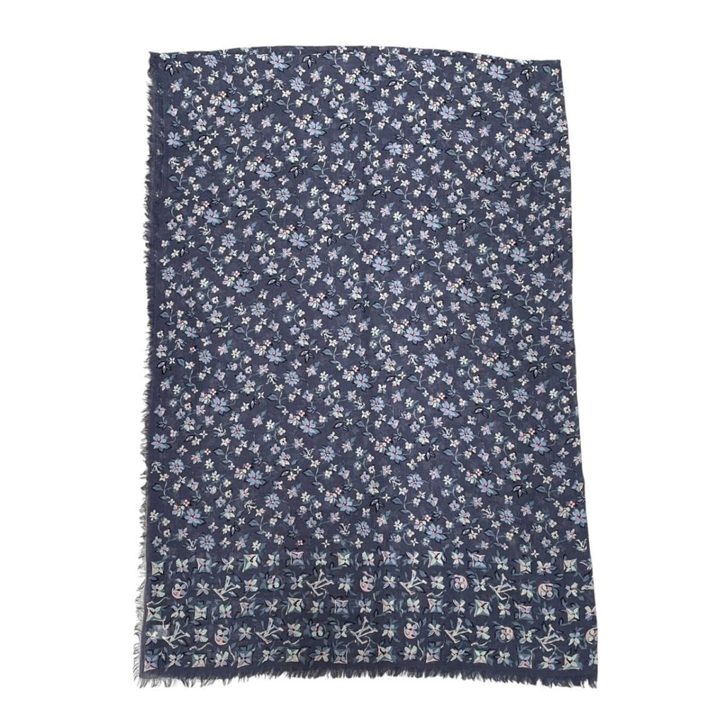 Louis Vuitton Scarf Large Flower Floral Pattern LV Logo Navy Silk Wool — view 6