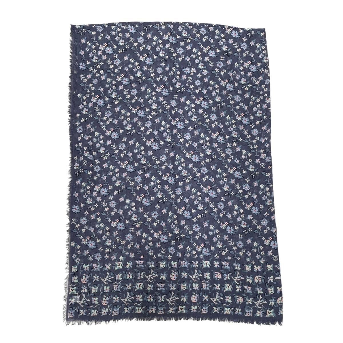 Louis Vuitton Scarf Large Flower Floral Pattern LV Logo Navy Silk Wool — view 6