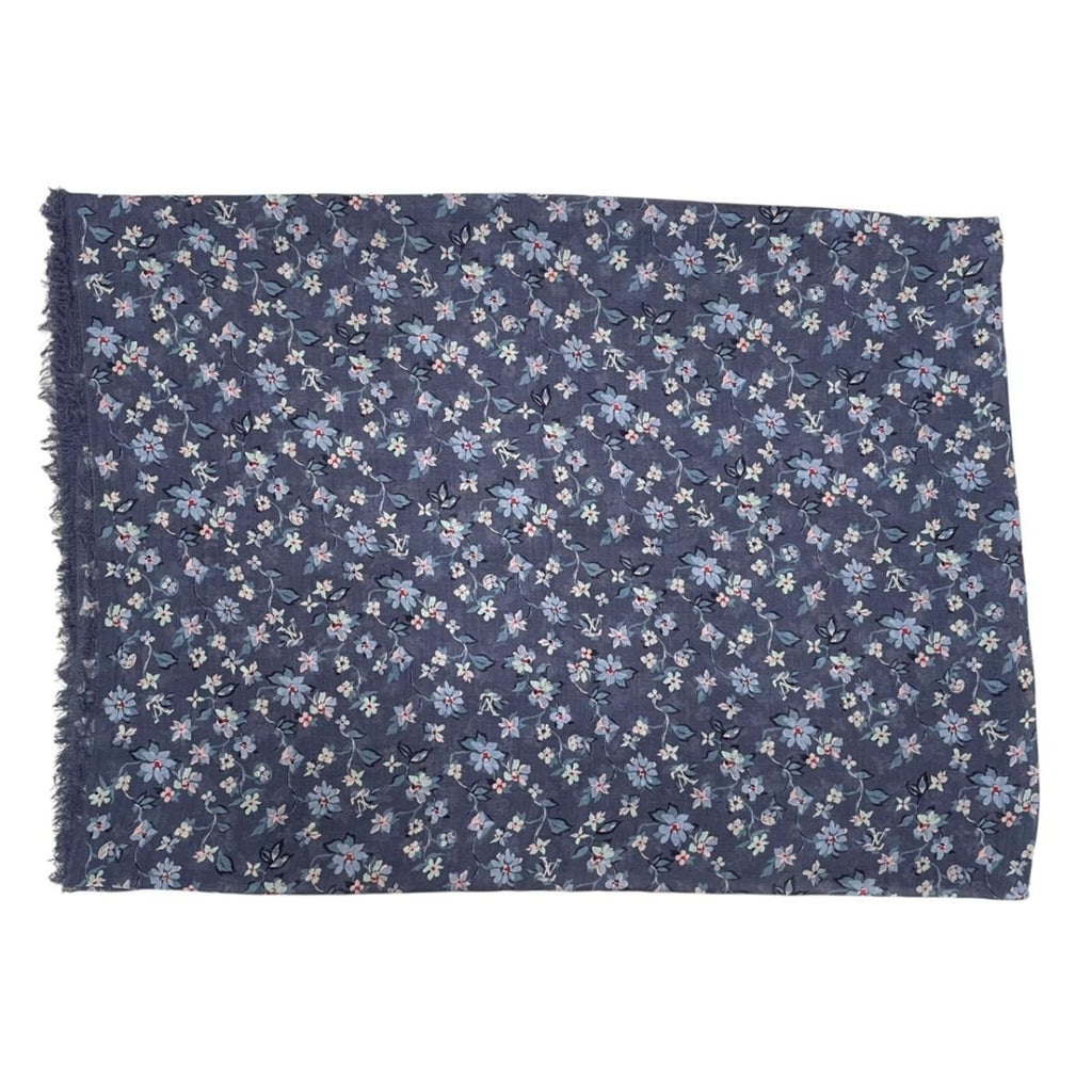 Louis Vuitton Scarf Large Flower Floral Pattern LV Logo Navy Silk Wool — view 4