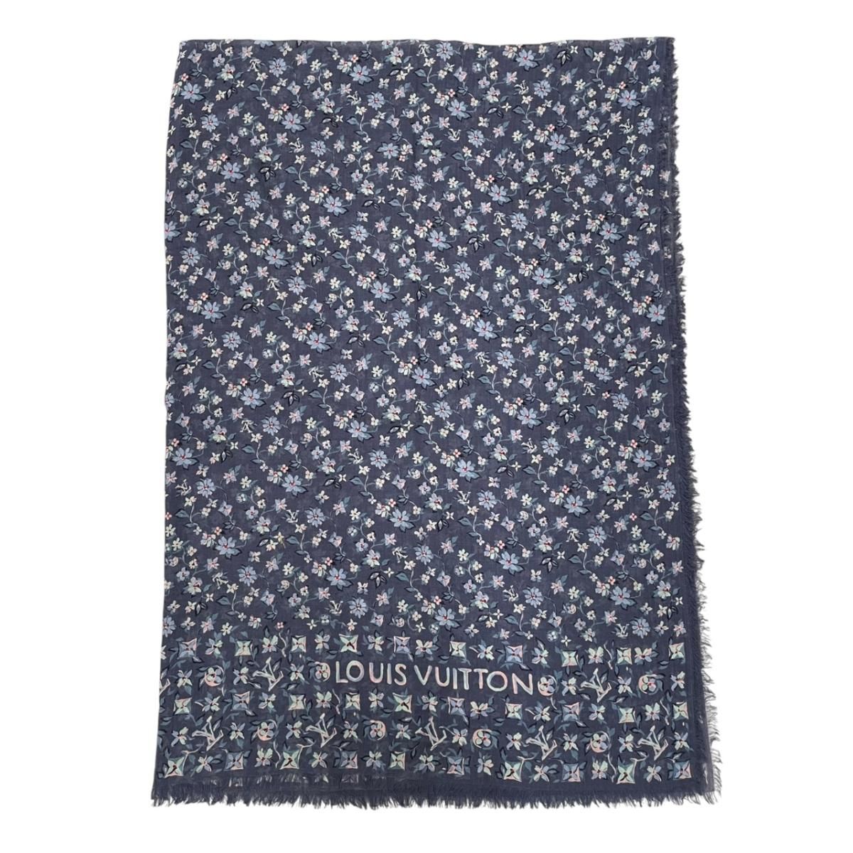 Louis Vuitton Scarf Large Flower Floral Pattern LV Logo Navy Silk Wool — view 5