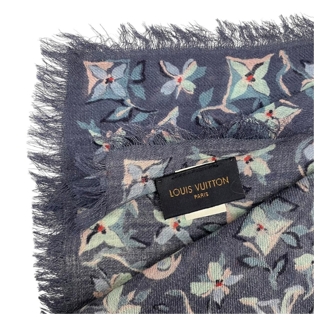 Louis Vuitton Scarf Large Flower Floral Pattern LV Logo Navy Silk Wool — view 7