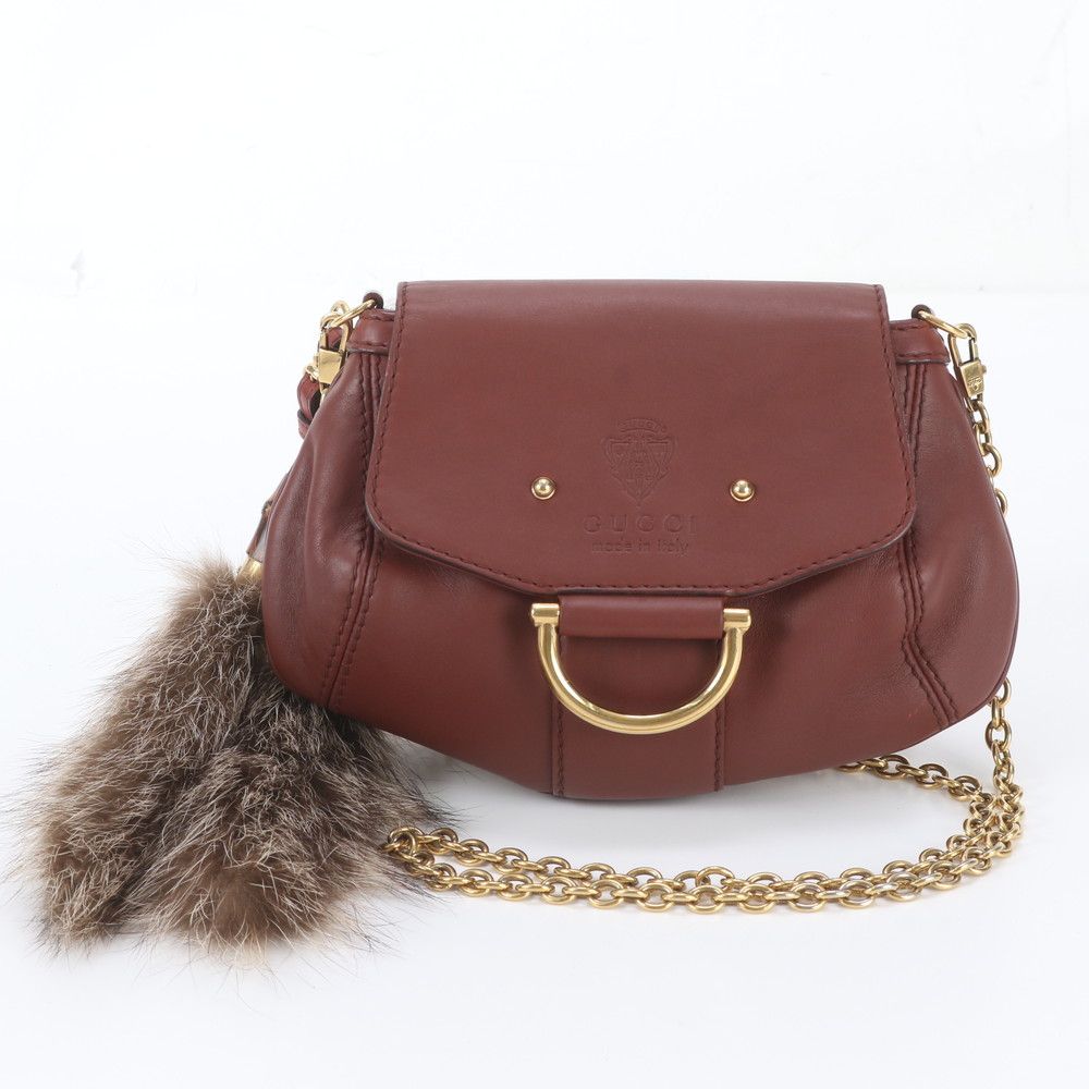 Gucci Bamboo Fur Charm Leather Chain Shoulder Bag Crossbody