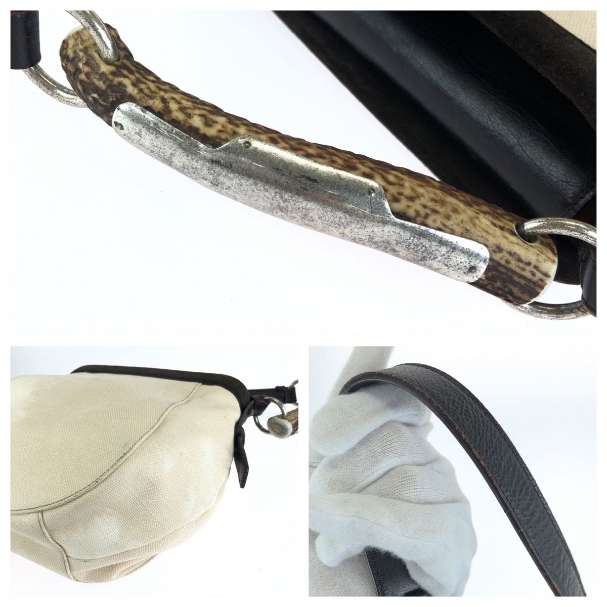 Saint Laurent Vintage Rive Gauche Mombasa Ivory Canvas Leather Shoulder Bag — view 6