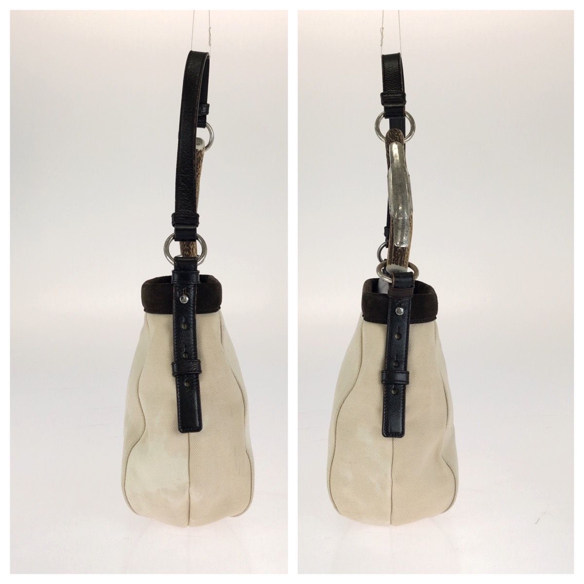 Saint Laurent Vintage Rive Gauche Mombasa Ivory Canvas Leather Shoulder Bag — view 8