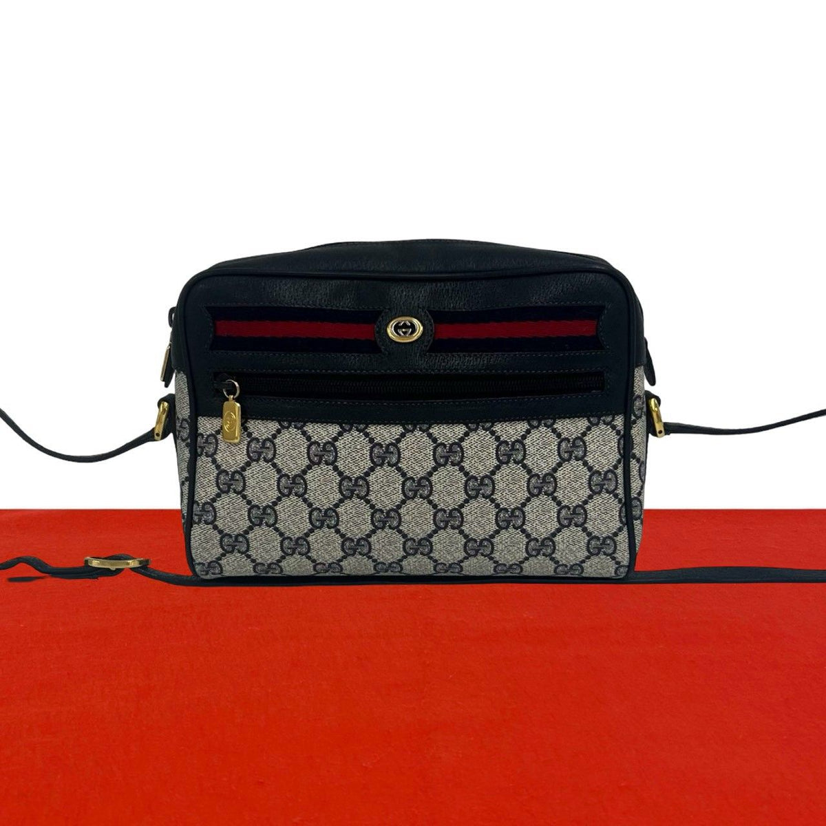 Gucci Vintage Sherry Line GG Logo Leather Shoulder Bag Pochette Navy