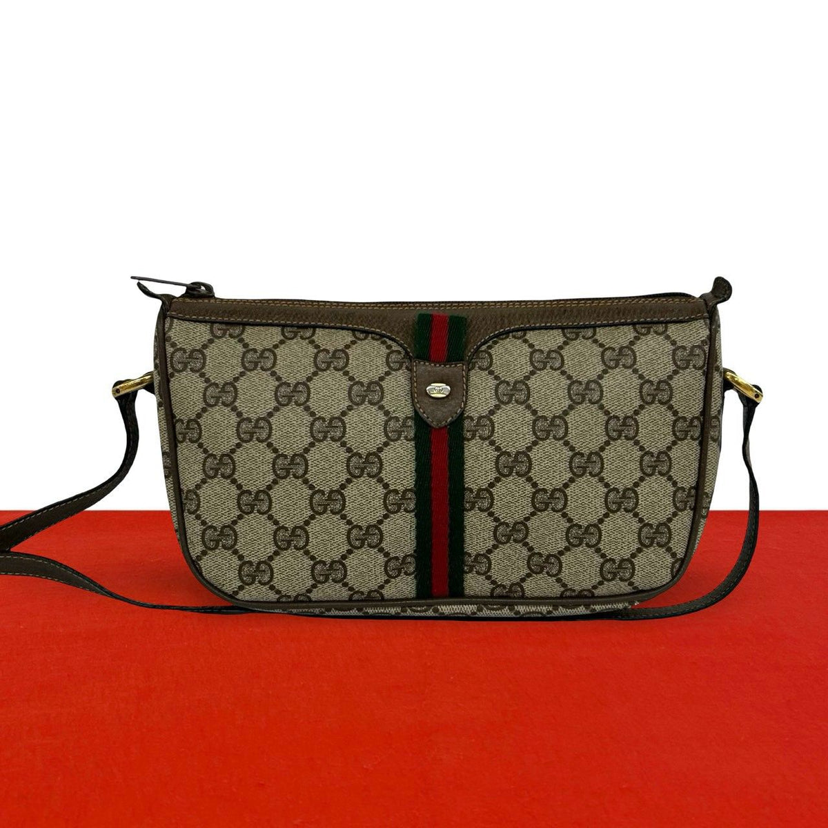 Gucci Sherry Line GG Pattern Leather Shoulder Bag Pochette Cross Brown Green