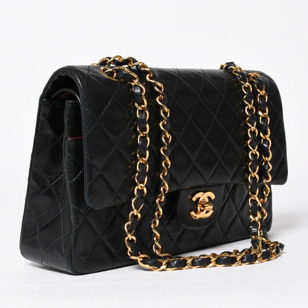 Chanel Quilted 25 Double Flap Chain Shoulder Bag Lambskin CC Logo Black Gold — view 3