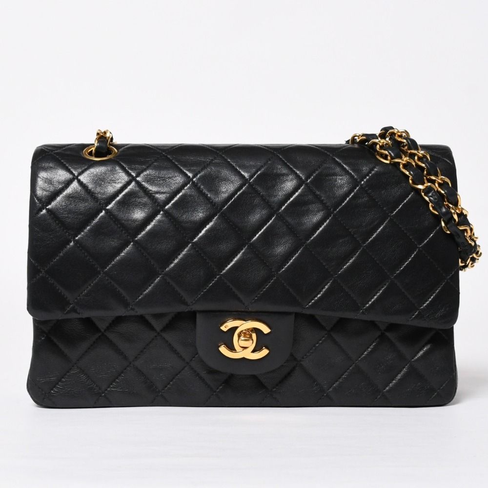Chanel Quilted 25 Double Flap Chain Shoulder Bag Lambskin CC Logo Black Gold