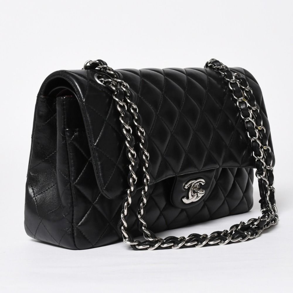 Chanel Quilted 25 Double Flap Chain Shoulder Bag CC Logo Lambskin Black Silver — view 3